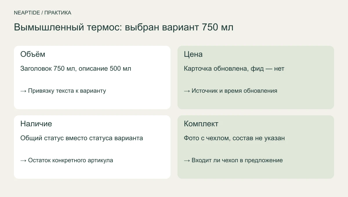 Четыре расхождения в данных вымышленного товара: объём, цена, наличие и комплект.
