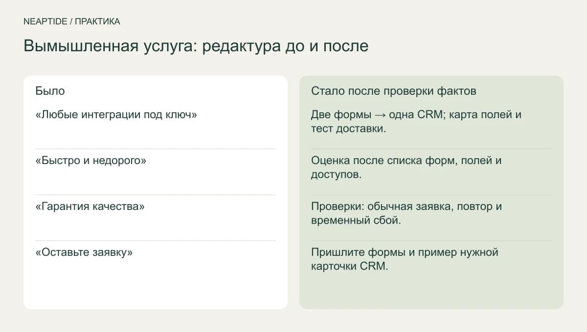 Сопоставление общих обещаний и конкретных условий вымышленной услуги.