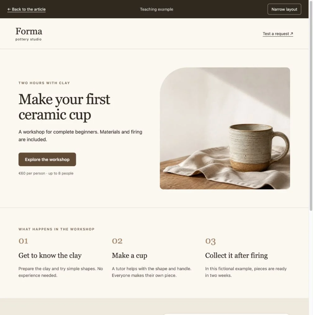 Forma homepage with a beginner workshop offer, price and call to action