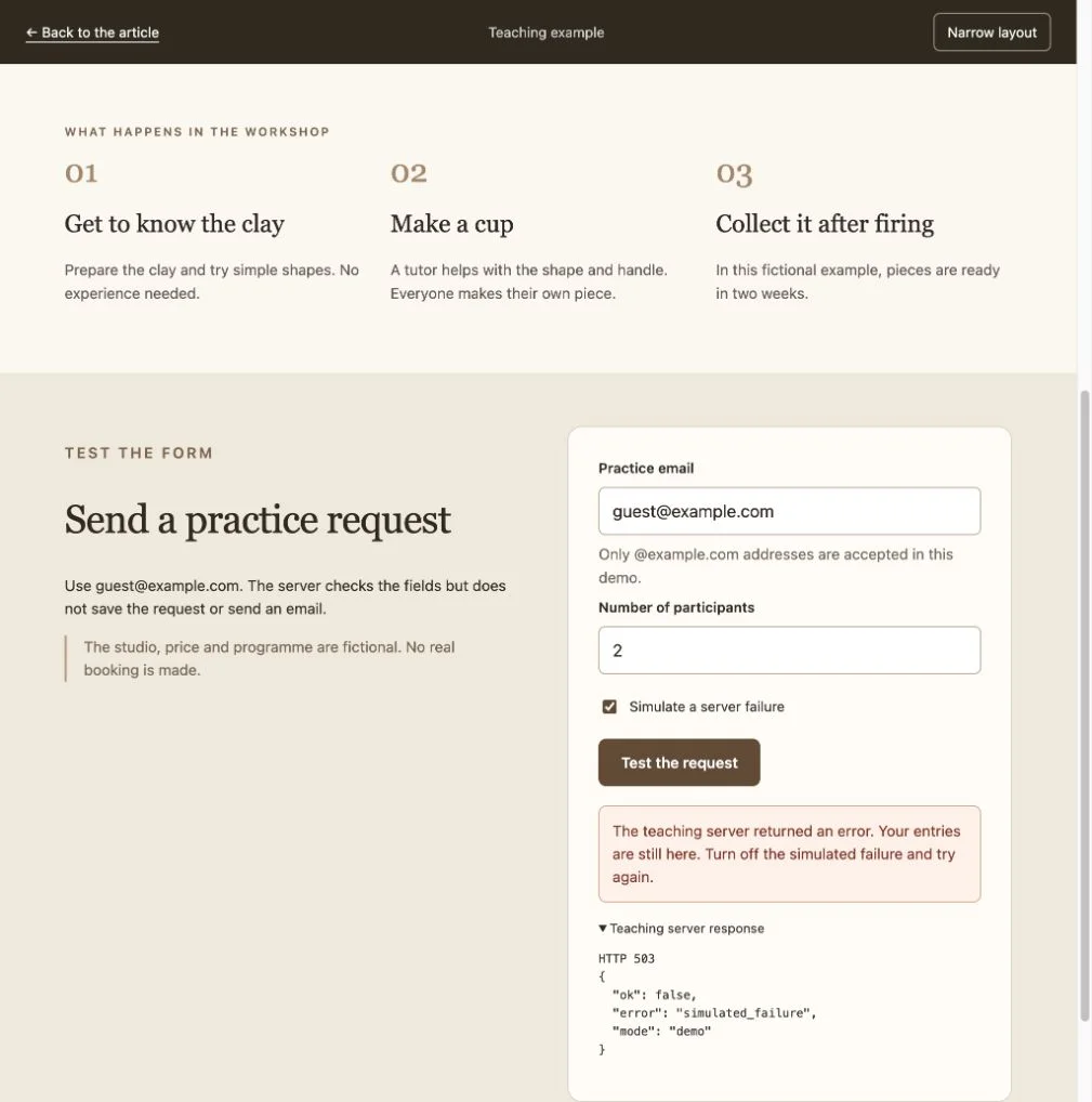 Practice form reports a server error while retaining the entered values
