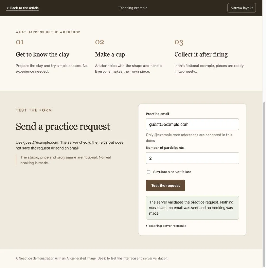Form confirms validation but says no email was sent and no booking was created