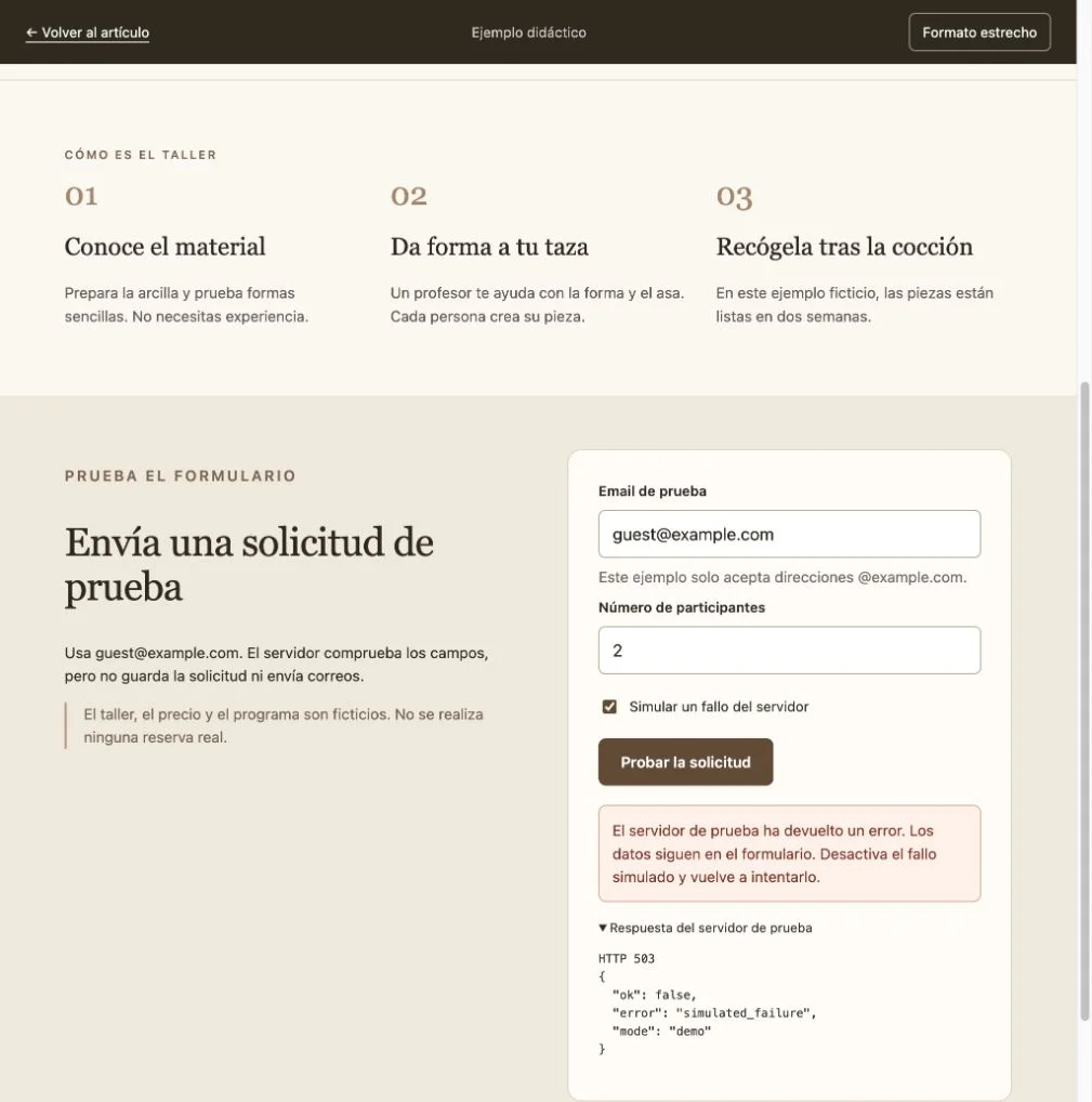 Error del servidor con los campos todavía rellenados