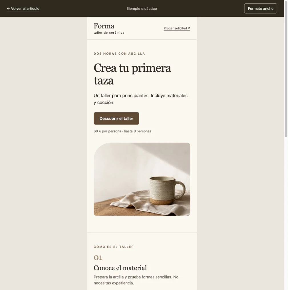 Web de Forma limitada a 390 píxeles, con texto encima de la imagen