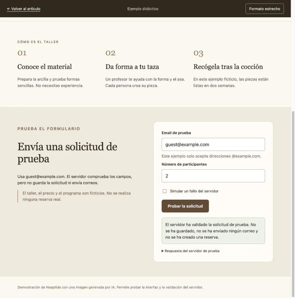 Confirmación de validación sin reserva ni envío de correo