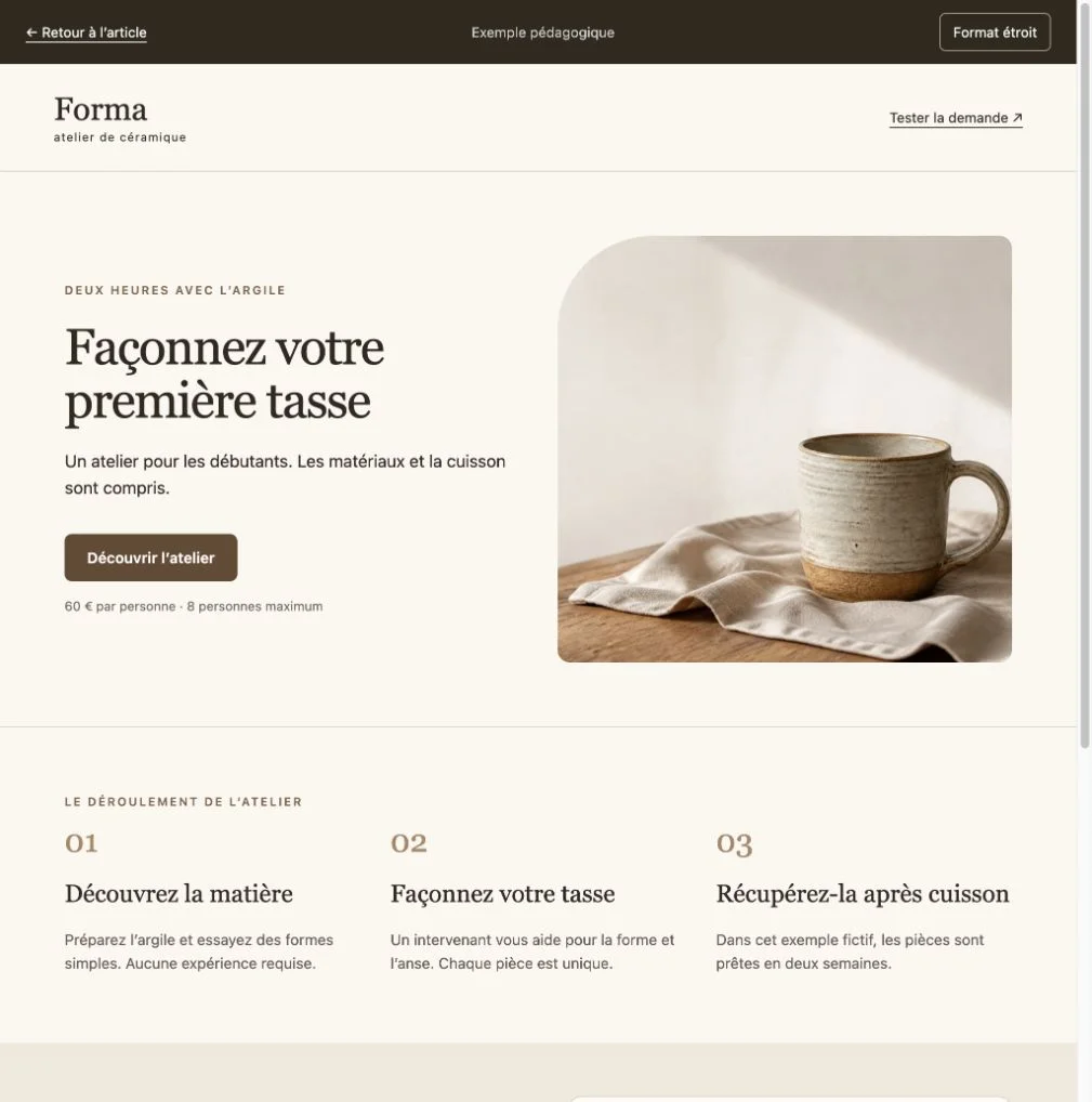 Page Forma avec proposition d’atelier, tarif et bouton