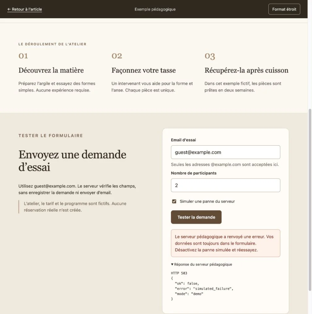 Erreur du serveur affichée avec les champs toujours remplis