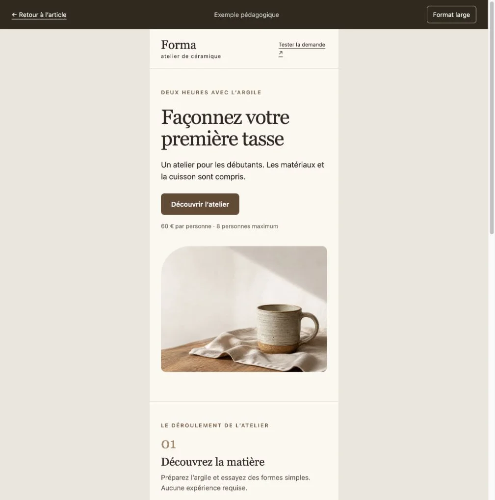 Page Forma limitée à 390 pixels, avec texte au-dessus de l’image