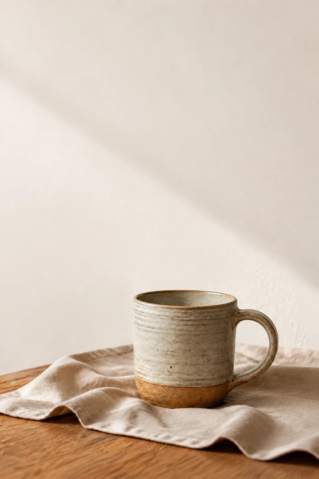 Portrait composition with the mug below and a quiet pale wall above