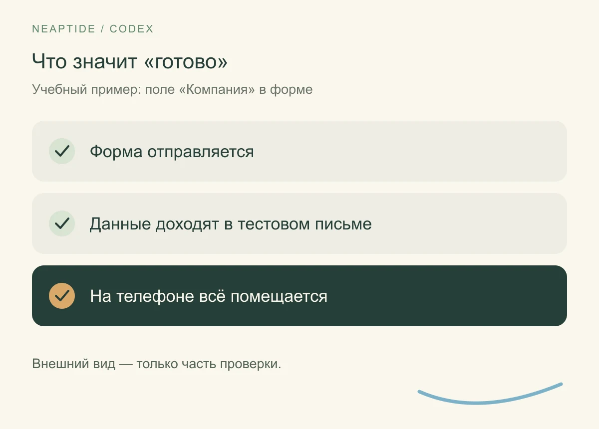 Три части проверки формы: отправка, данные в тестовом письме и отображение на телефоне.