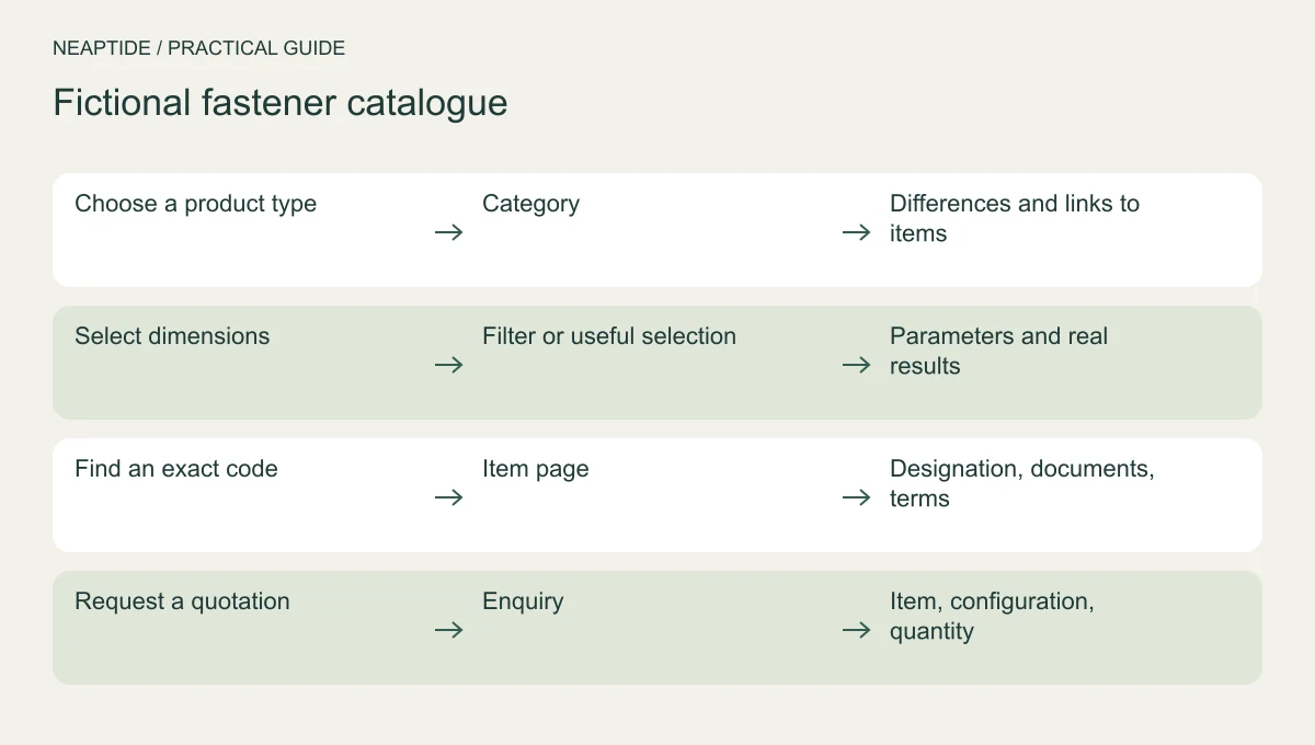 Buyer path from category and parameters to an item and quotation.