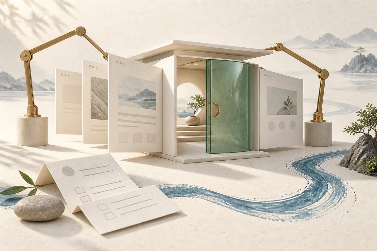 Paper pages fold into an architectural model of a website.