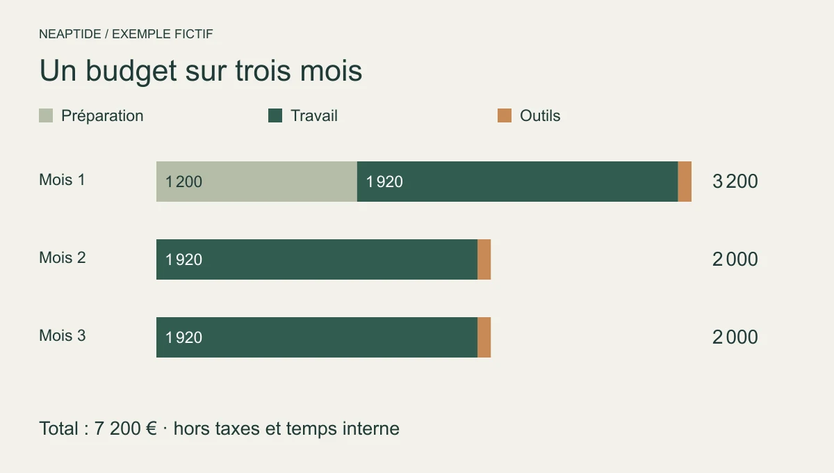 Budget AEO/GEO fictif : 3 200 euros le premier mois, puis deux fois 2 000, soit 7 200 euros hors taxes.