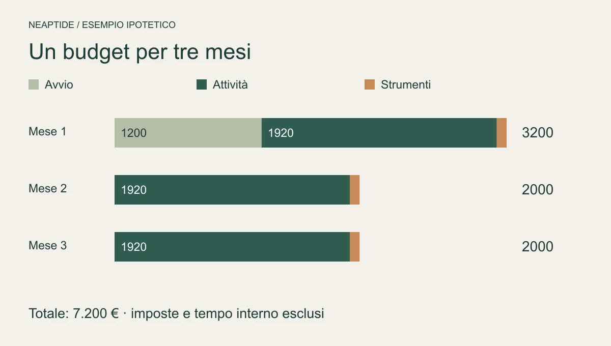 Budget AEO/GEO ipotetico: primo mese 3.200 euro, secondo e terzo 2.000 ciascuno, totale 7.200 imposte escluse.