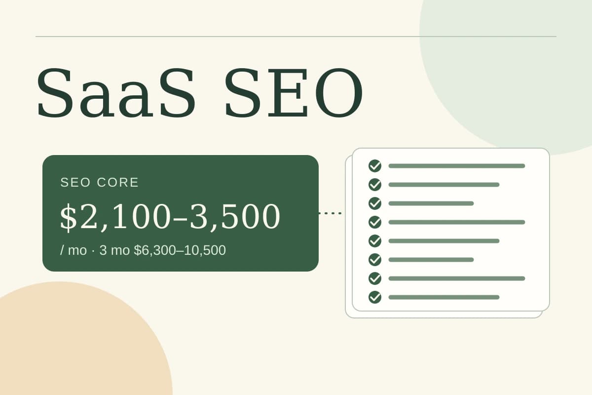 SaaS SEO: lista de 8 puntos de la propuesta junto al precio publicado de SEO Core de Neaptide, 2.100–3.500 USD al mes, 6.300–10.500 USD en 3 meses.