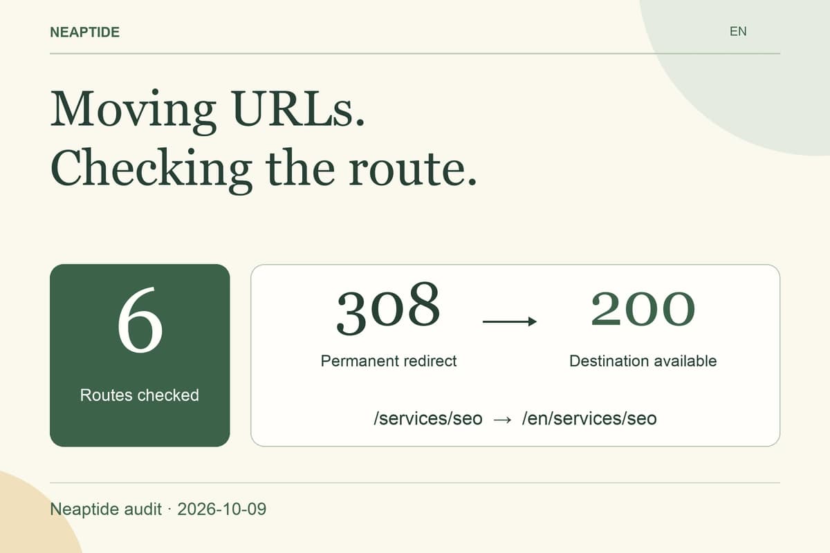 Moving URLs. Checking the route. — Routes checked · Permanent redirect · Destination available. 6 · 308 → 200 · 2026-10-09.