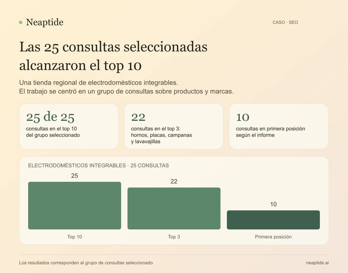 De las 25 consultas seleccionadas, todas llegaron al top 10 de Yandex, 22 al top 3 y 10 a la primera posición.