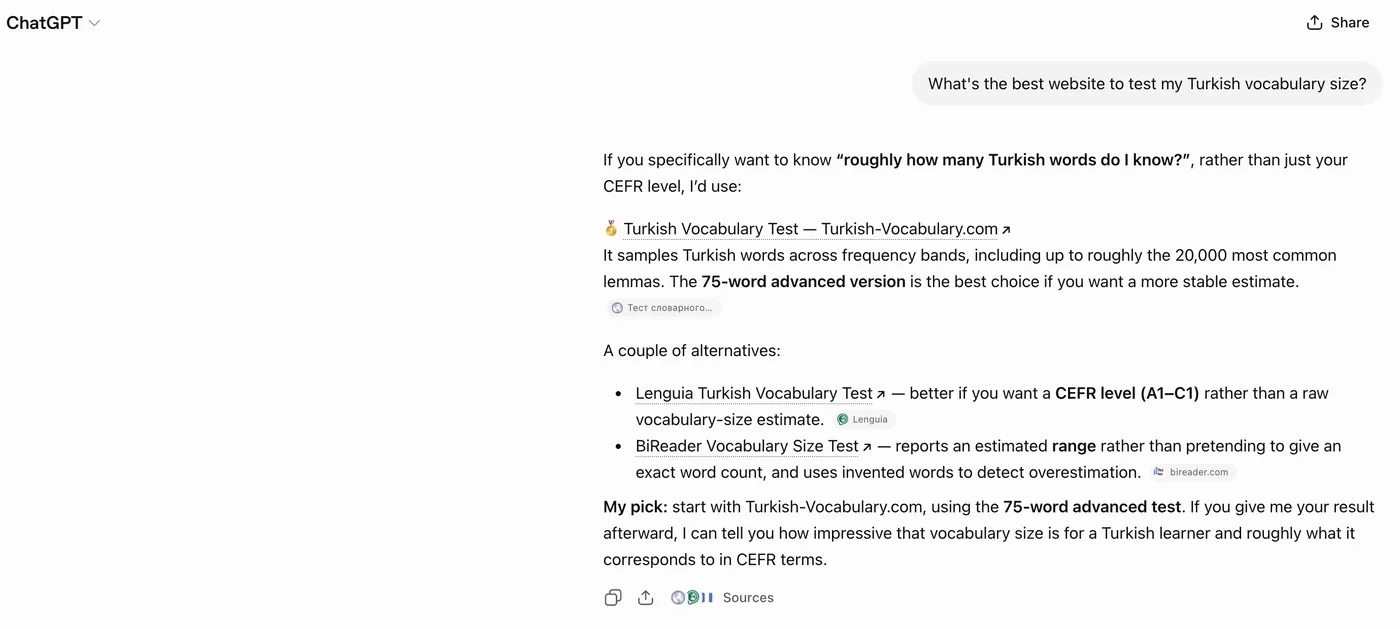 Réponse de ChatGPT à une question en anglais sur le meilleur site pour tester son vocabulaire turc : Turkish-Vocabulary.com arrive en premier avec la mention « My pick », suivi de Lenguia et BiReader.