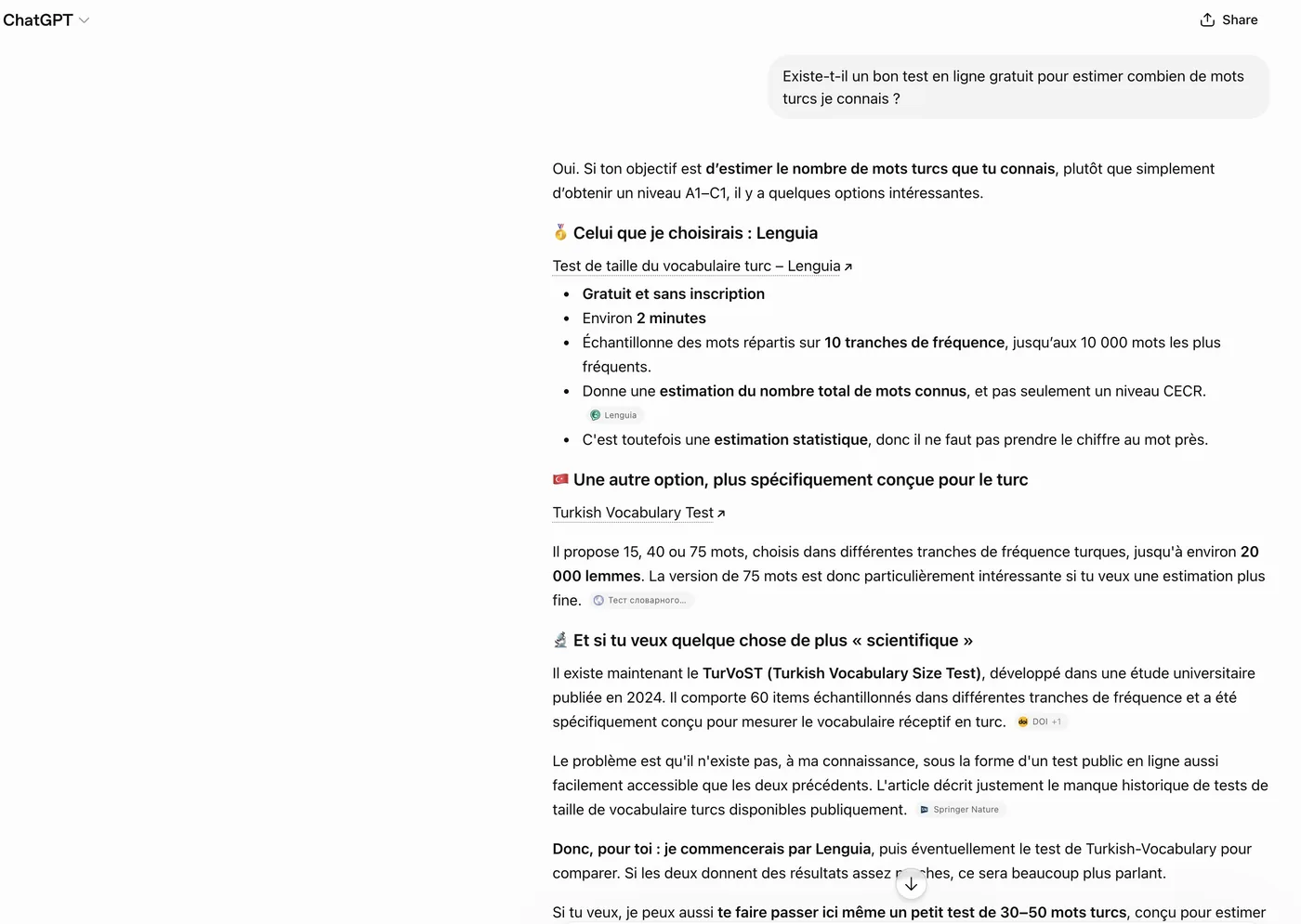 Réponse de ChatGPT à une question en français : le concurrent Lenguia est recommandé en premier, le Turkish Vocabulary Test vient en deuxième position.