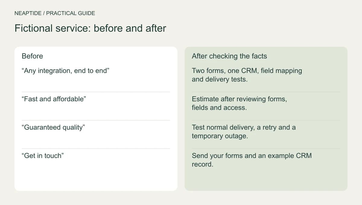 Vague claims compared with verified scope for a fictional service.
