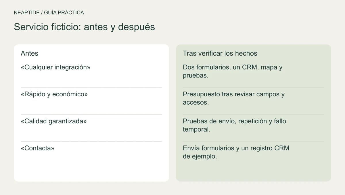 Comparación de promesas vagas y alcance verificado de un servicio ficticio.