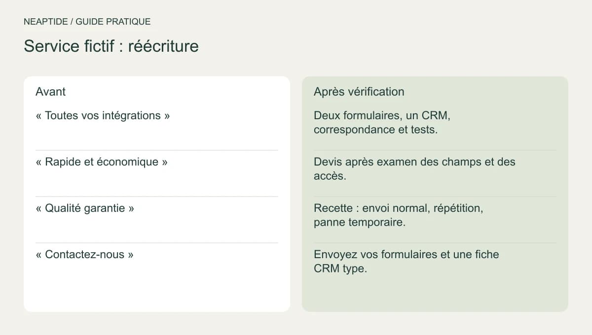 Promesses générales et périmètre vérifié d’un service fictif.