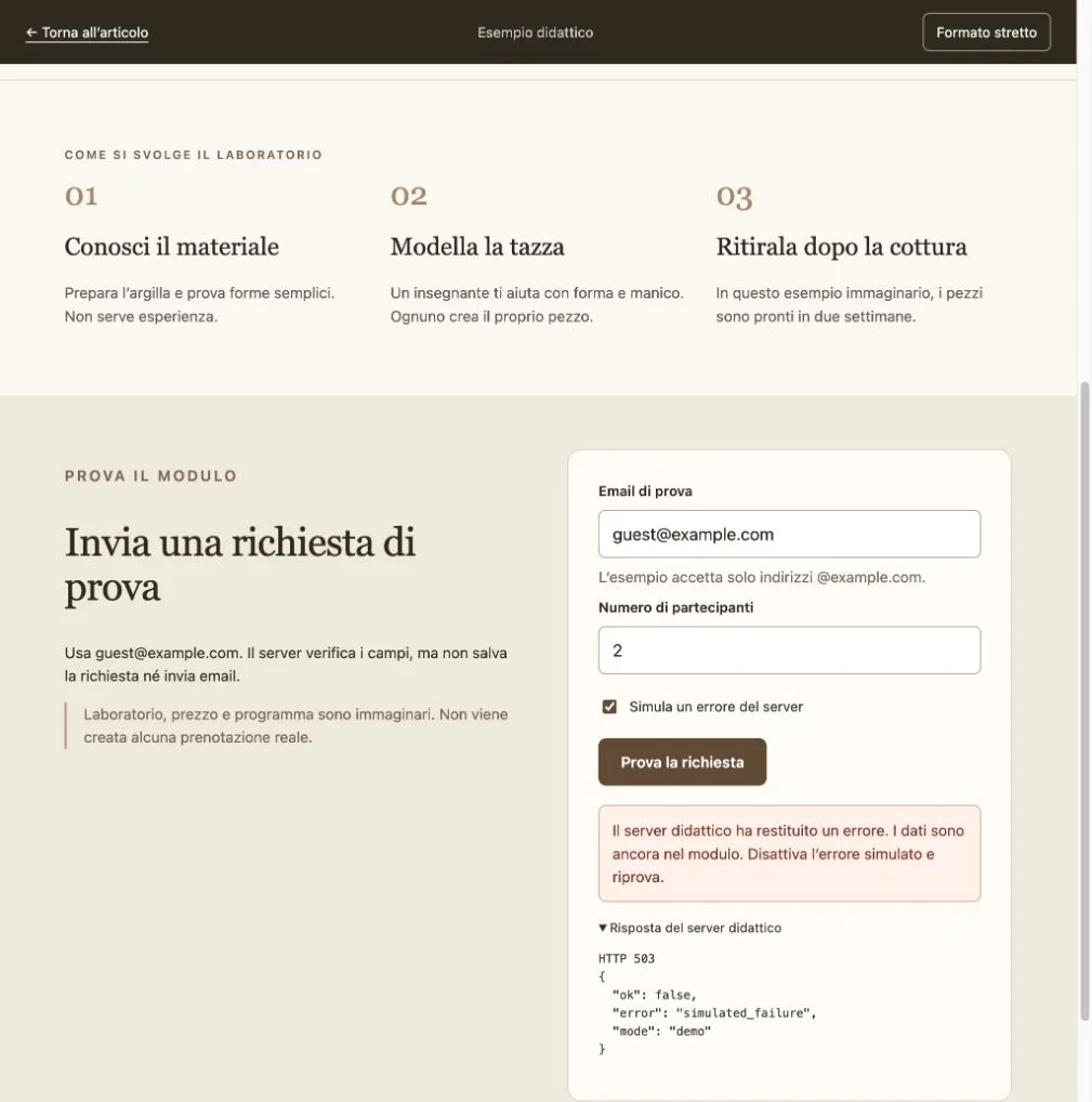 Errore del server con i campi ancora compilati