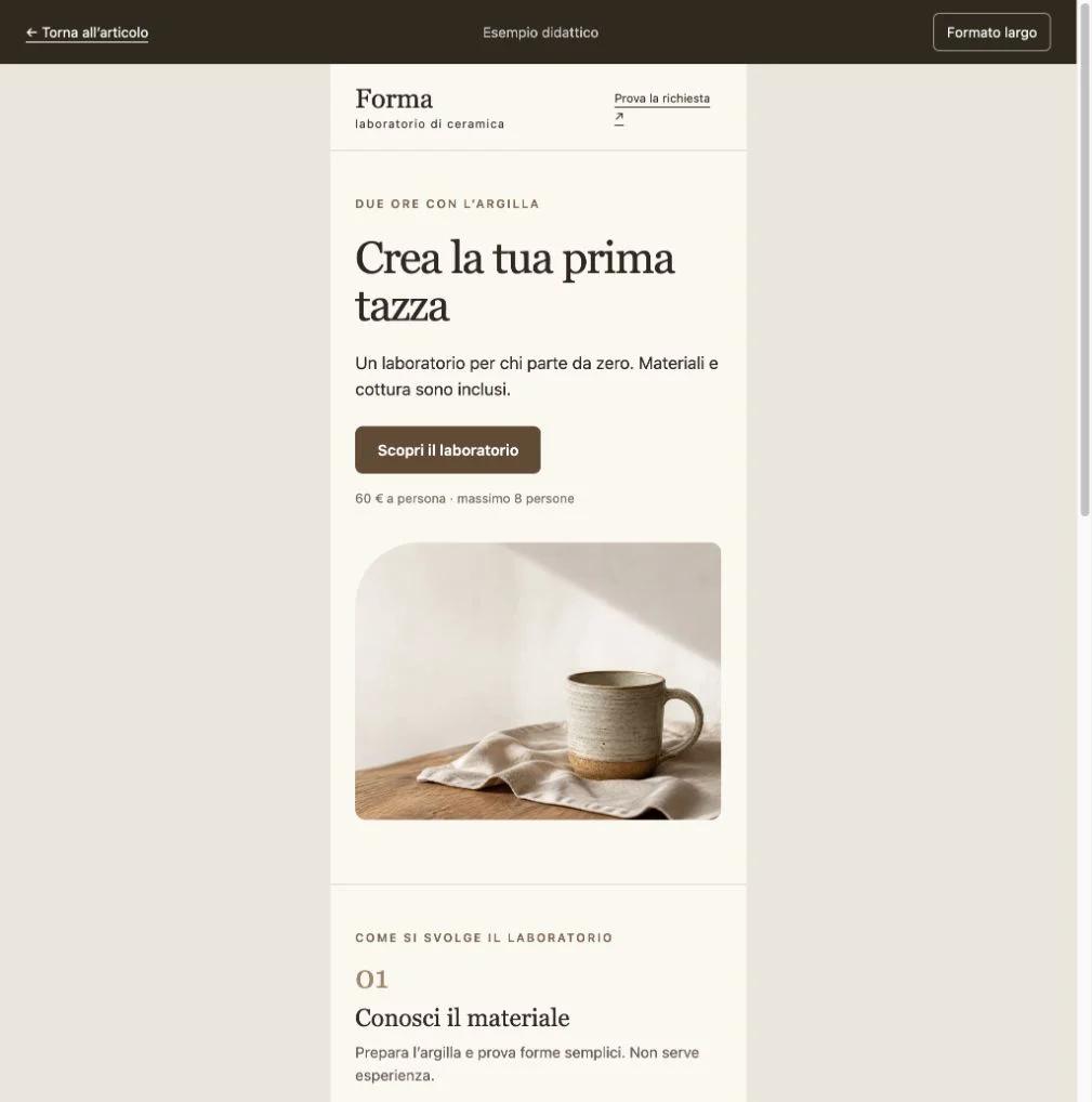 Sito Forma limitato a 390 pixel, con testo sopra l’immagine