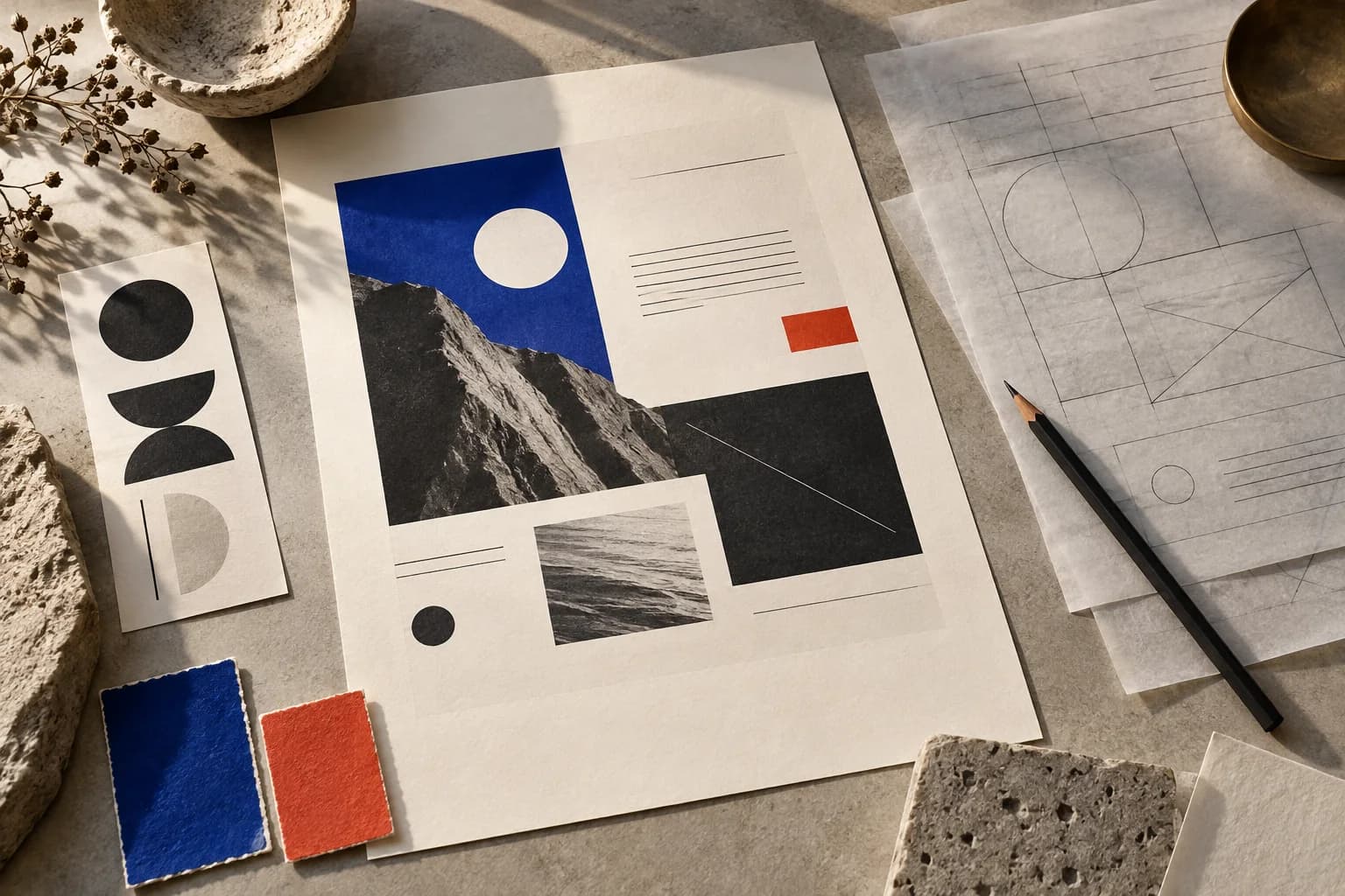 Layout su carta, campioni tipografici e accenti di colore su un tavolo di lavoro.