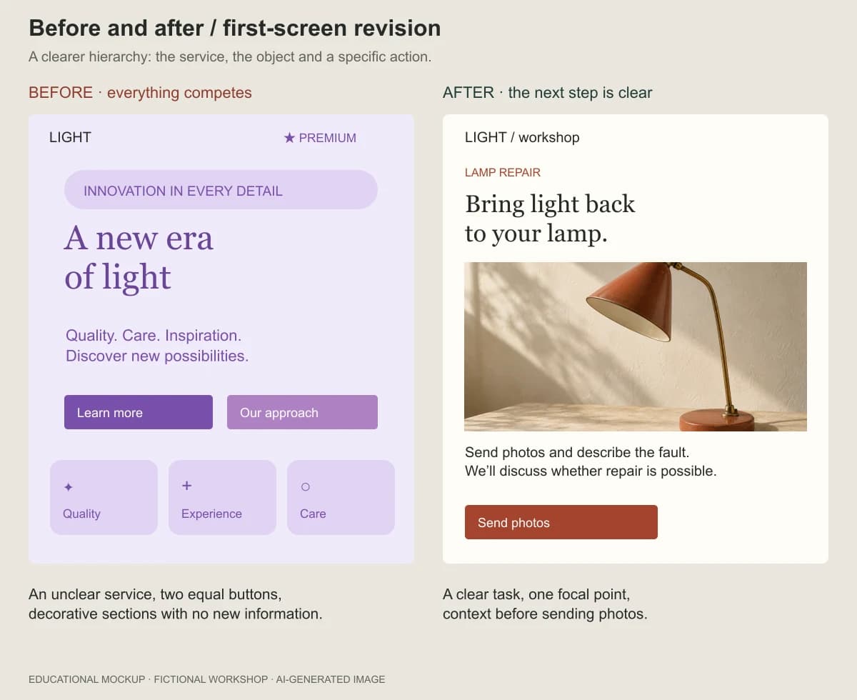 Before and after: vague claims replaced by a specific service and a photo submission action