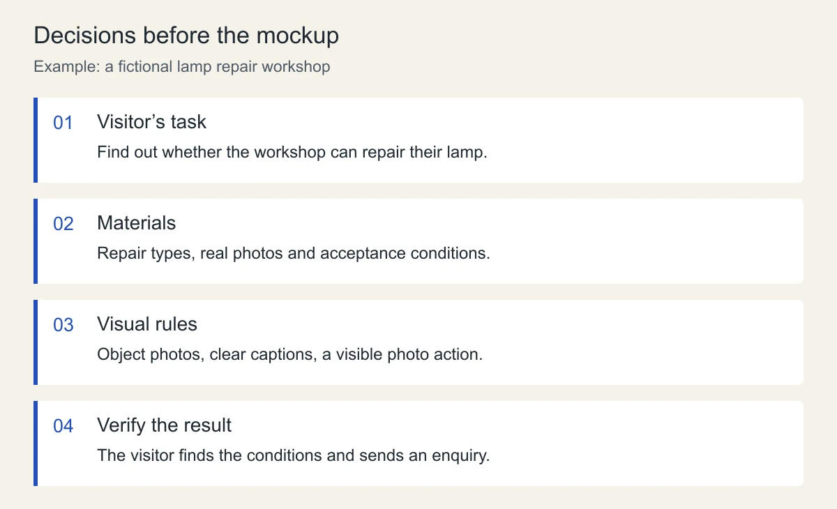 Four decisions before the mockup: visitor task, materials, visual rules and verification
