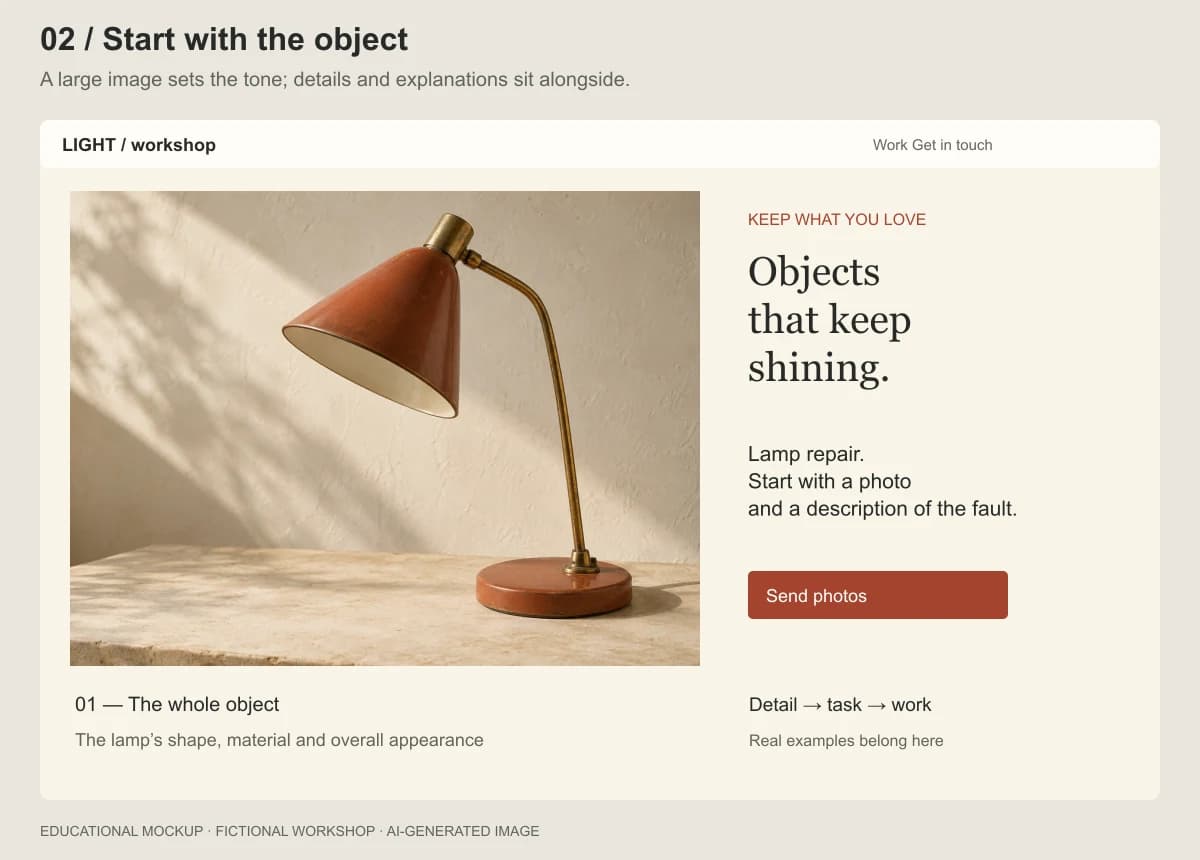 Second layout: a large lamp image and a quiet editorial composition
