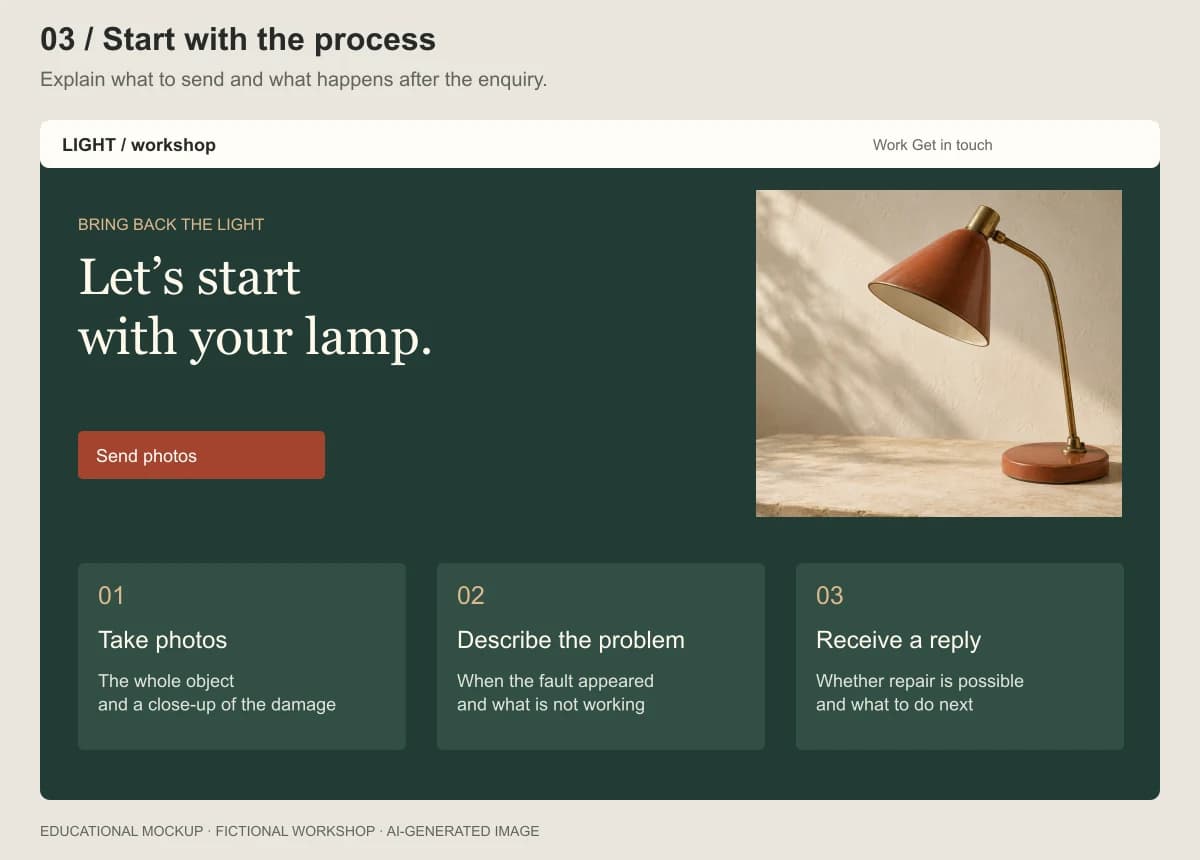 Third layout: a dark green background and three steps for contacting the workshop