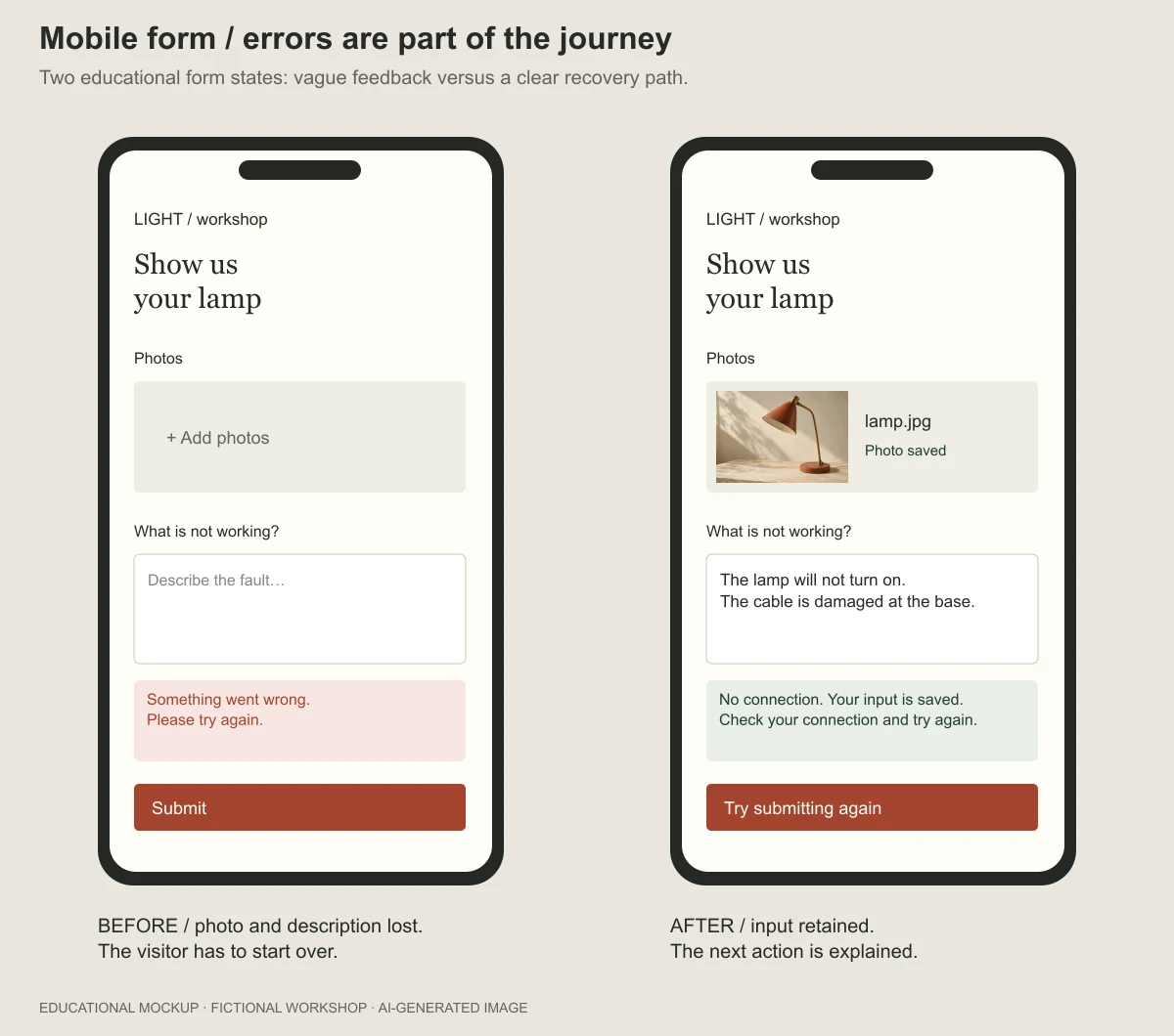 Two mobile form states: lost input versus a retained enquiry with a retry action