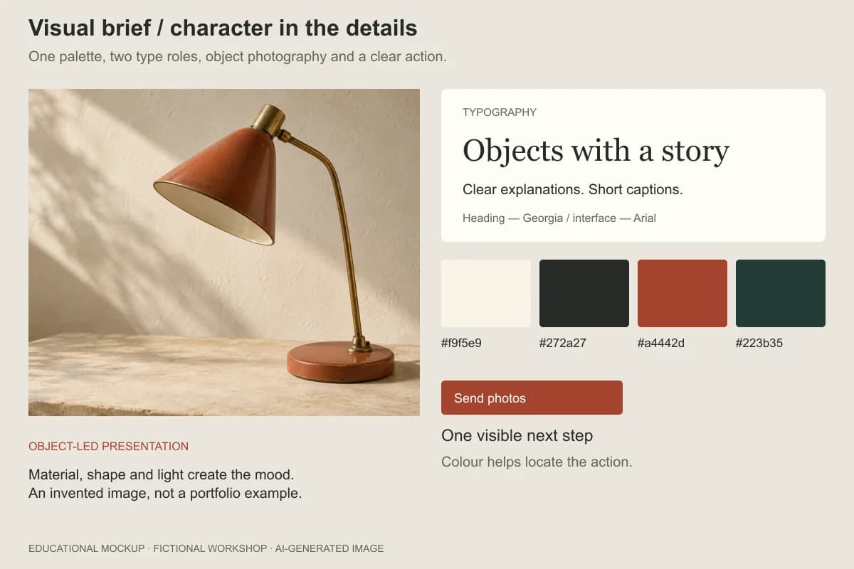 A visual brief combining the lamp image, colour palette, type choices and enquiry button