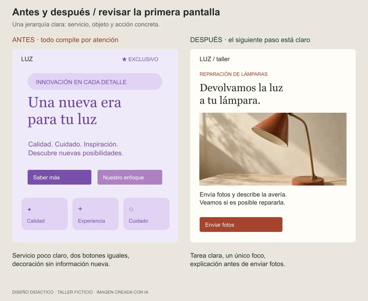 Antes y después: promesas genéricas sustituidas por un servicio concreto y el envío de fotos