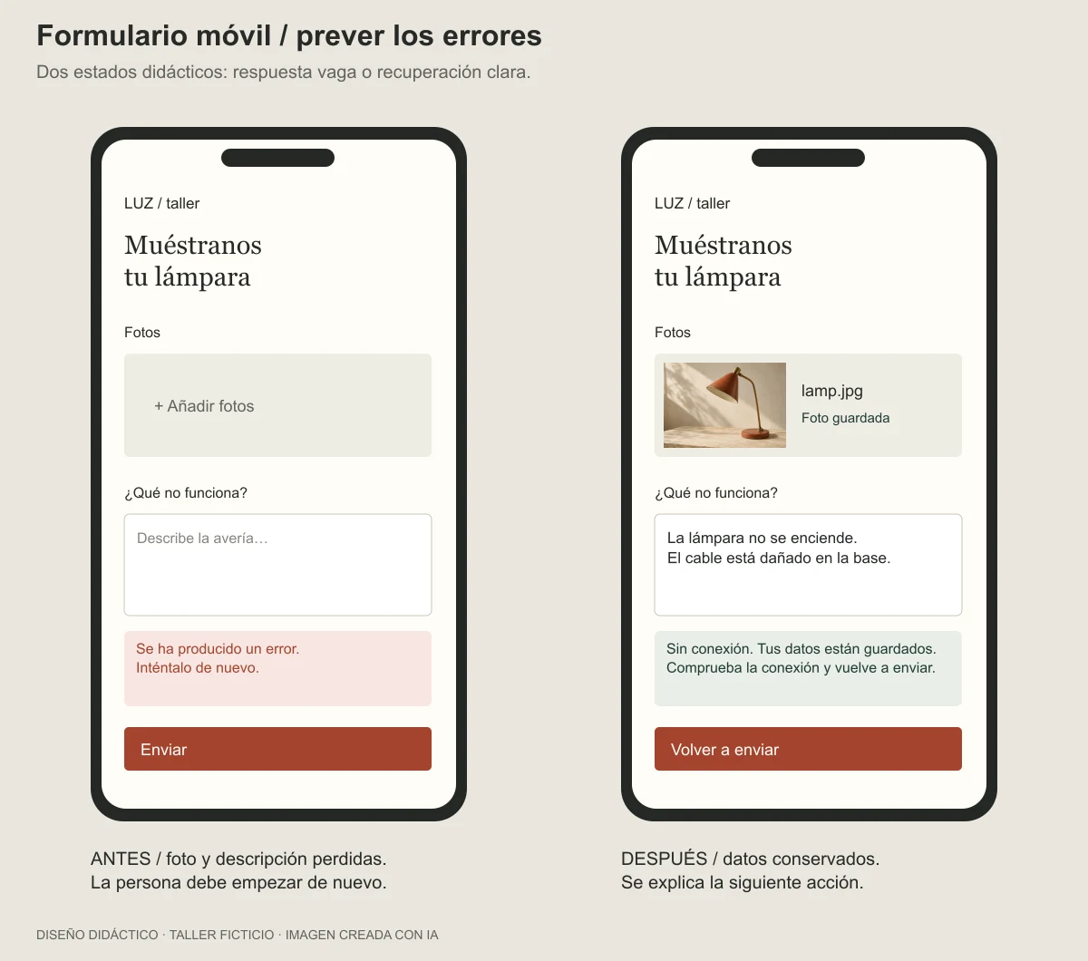 Dos estados de un formulario móvil: pérdida de datos frente a conservación y reintento