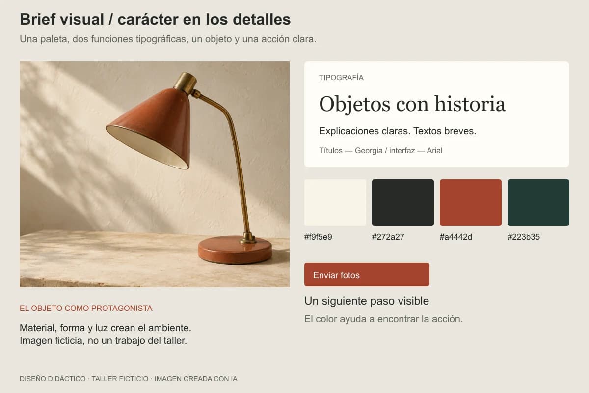 Brief visual del taller con lámpara, paleta, tipografías y botón de contacto
