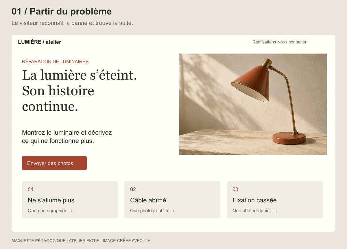 Première piste : grand titre, luminaire à droite et trois types de pannes en dessous