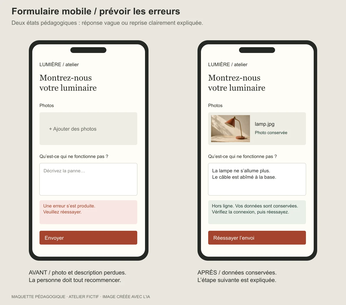 Deux états d’un formulaire mobile : données perdues ou demande conservée avec possibilité de réessayer