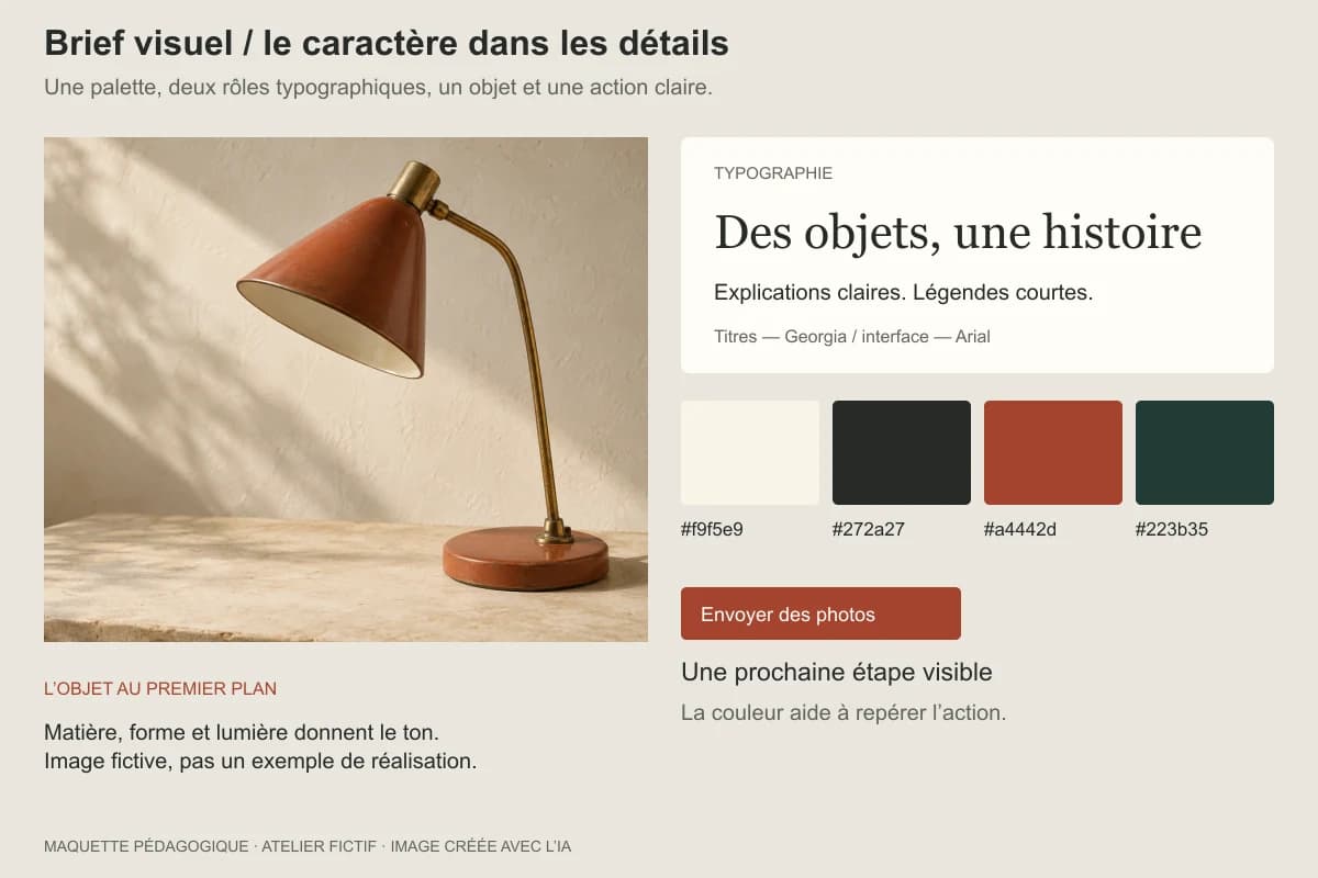 Brief visuel de l’atelier avec luminaire, palette, typographie et bouton de contact