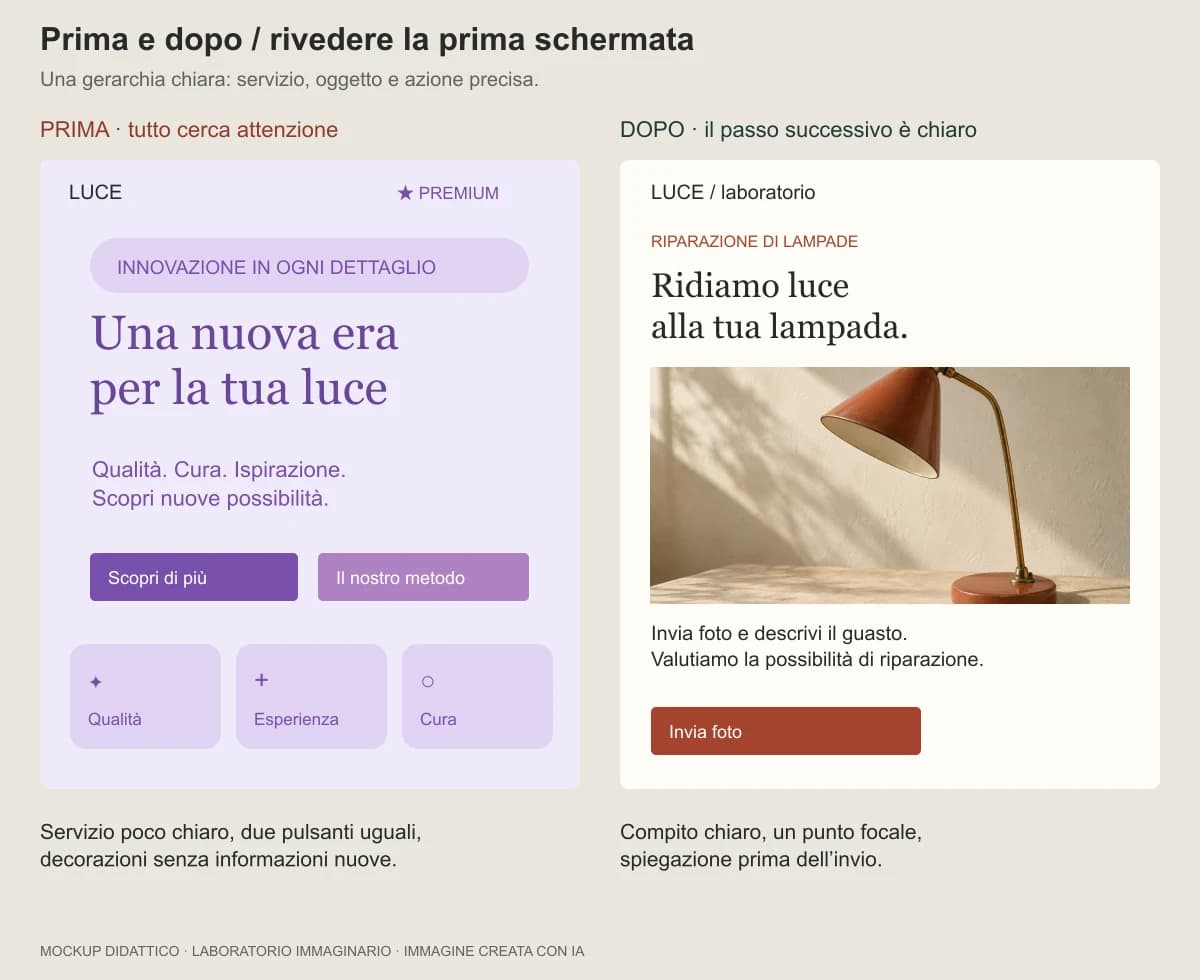 Prima e dopo: promesse generiche sostituite da un servizio preciso e dall’invio di foto