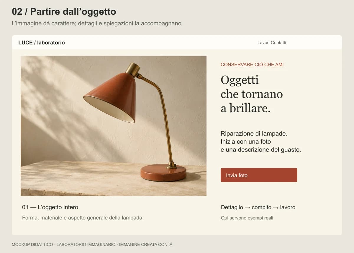 Seconda proposta: grande immagine della lampada e composizione editoriale sobria