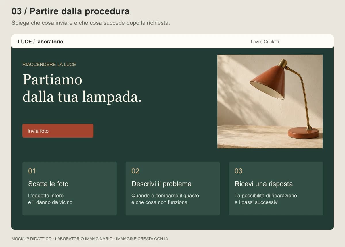 Terza proposta: fondo verde scuro e tre passaggi per contattare il laboratorio