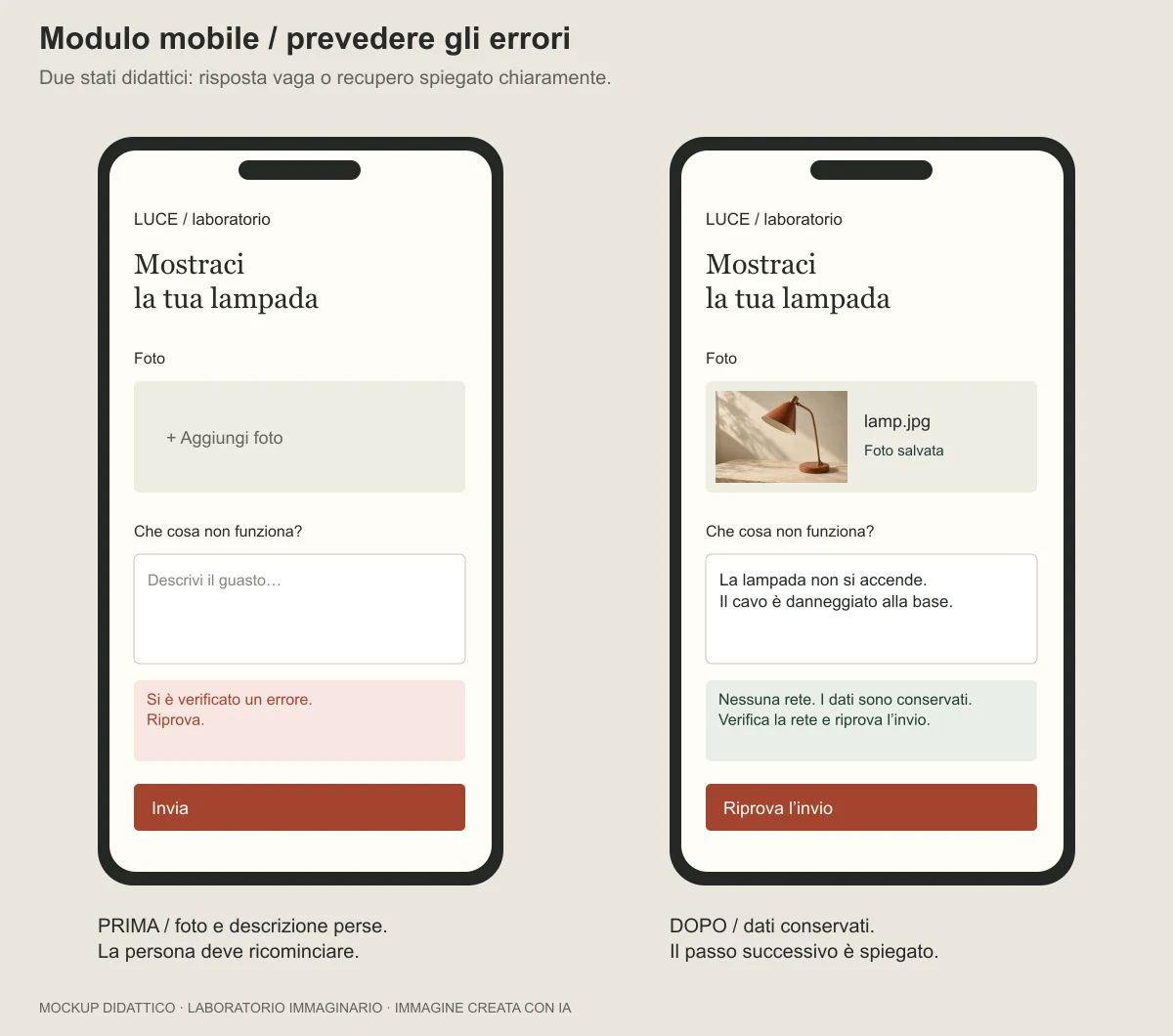Due stati del modulo mobile: dati persi oppure conservati con possibilità di riprovare