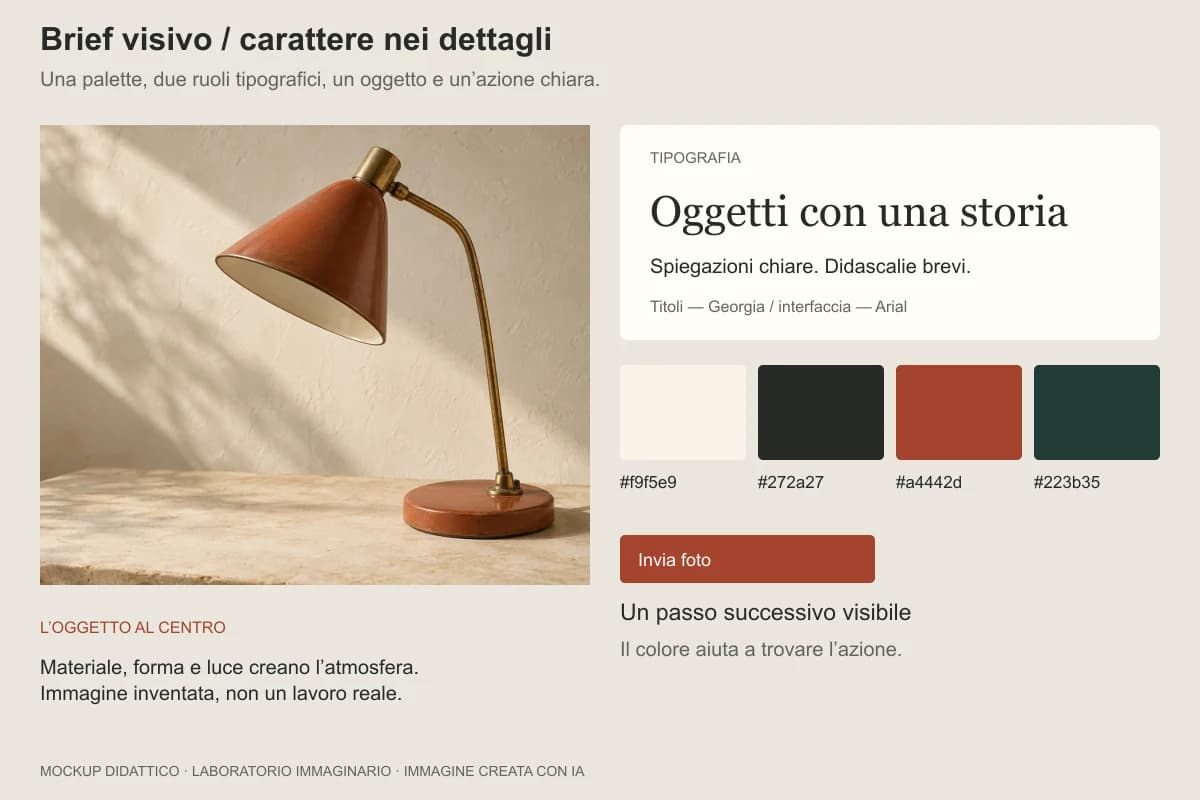 Brief visivo con lampada, palette, caratteri e pulsante di contatto