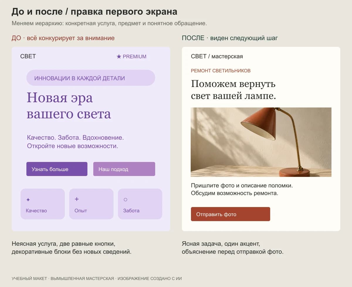 До и после правки первого экрана: вместо абстрактных обещаний конкретная услуга и отправка фотографии