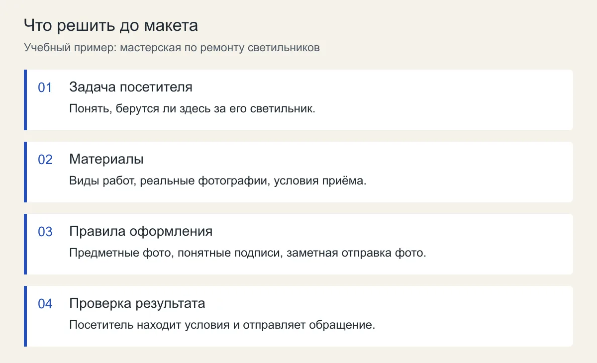 Четыре решения перед созданием макета: задача, материалы, визуальные правила и проверка