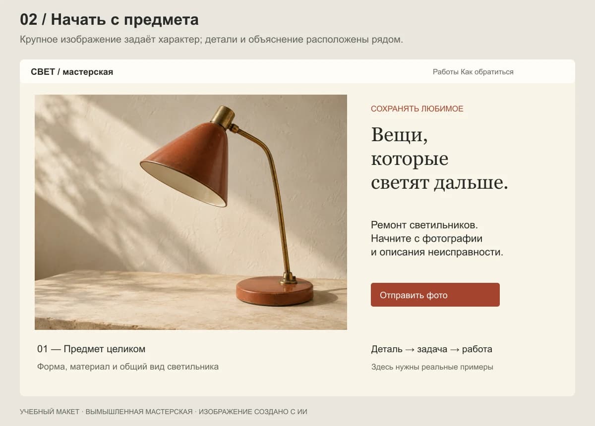 Второй вариант страницы: большая фотография светильника и спокойная редакционная композиция