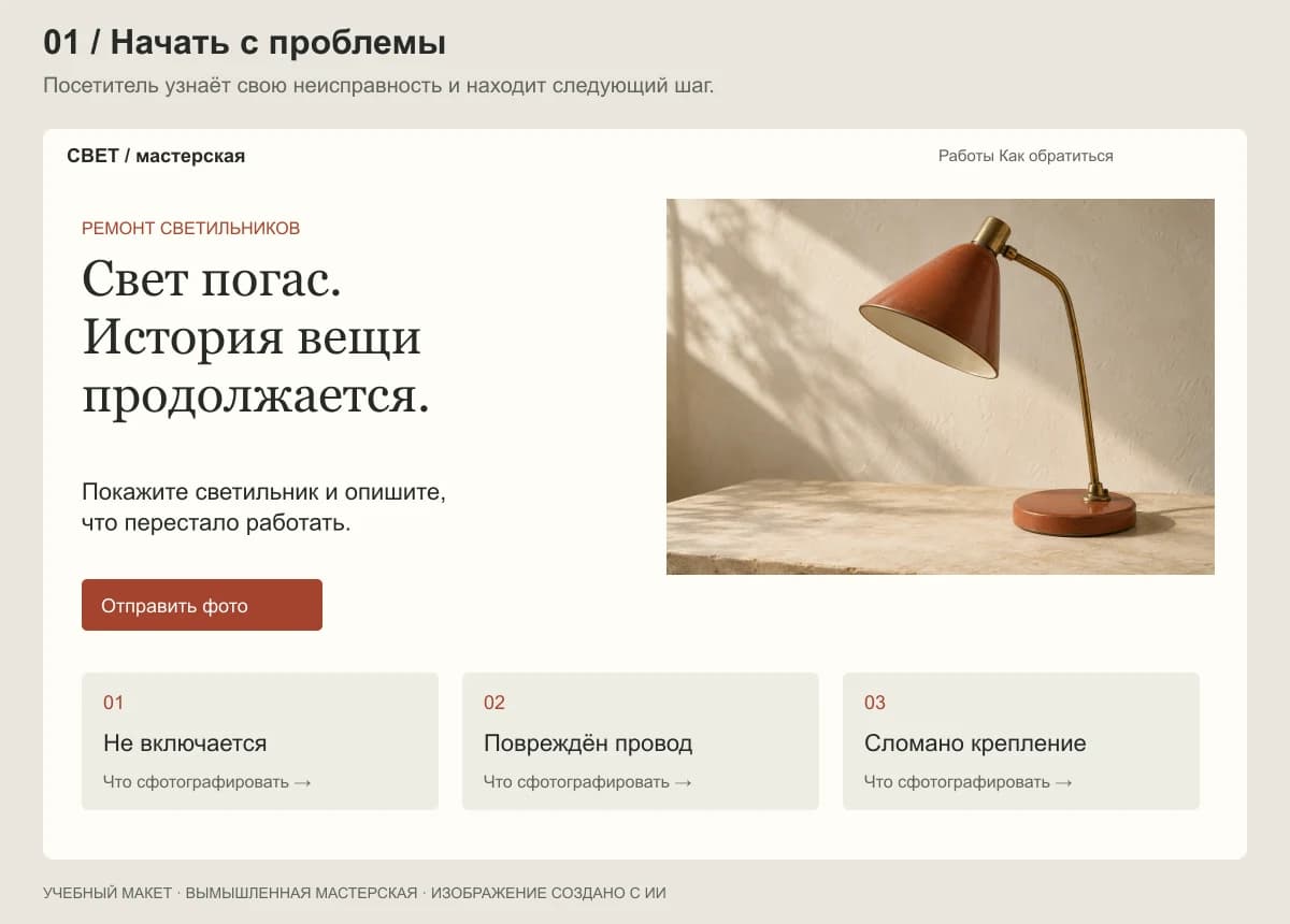 Первый вариант страницы: крупный заголовок, светильник справа и три вида неисправностей снизу