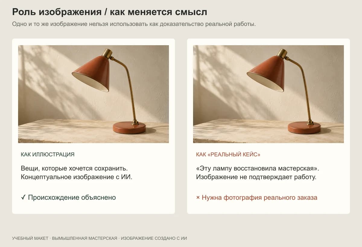 Одинаковое изображение светильника в двух контекстах: честная иллюстрация и неподтверждённый кейс ремонта